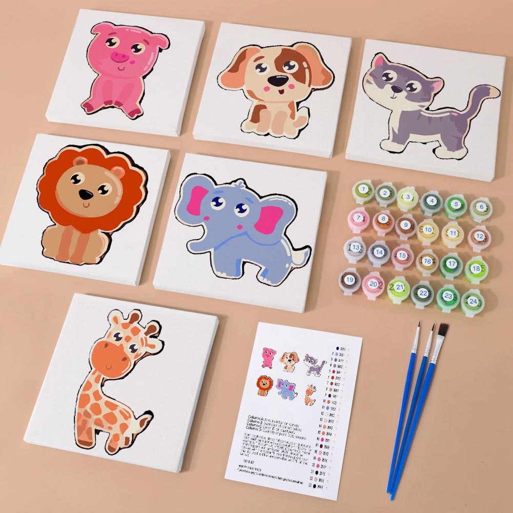 Paint by Numbers – 6 Mini Paintings | Cute Cartoon Animals Set