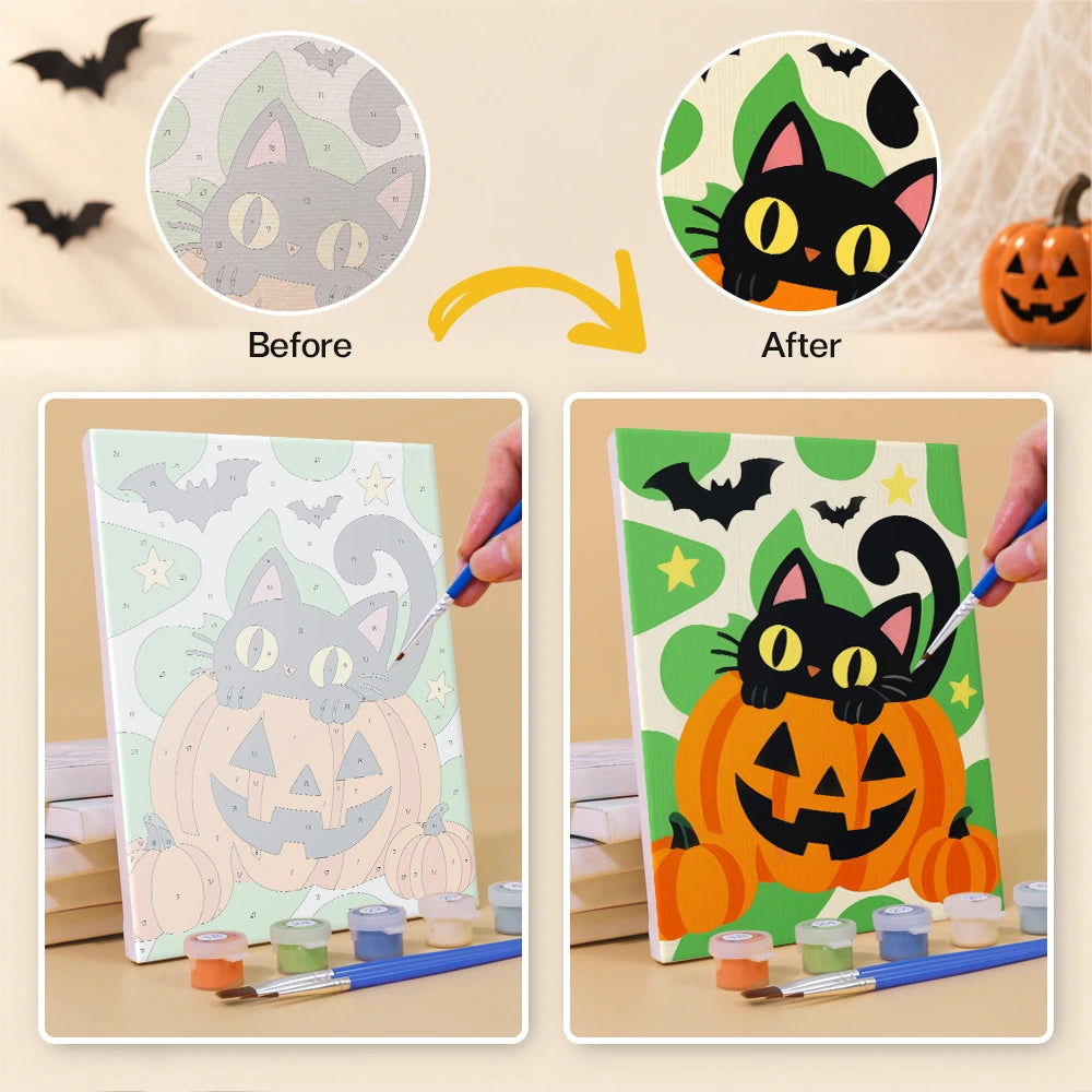 
Paint by Numbers – 6 Mini Paintings | Black Cats on Jack-o'-Lanterns Set