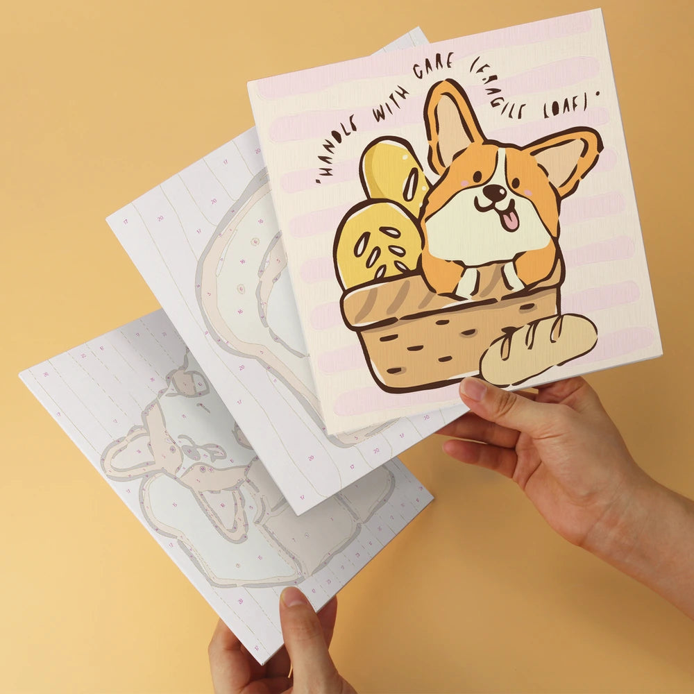 
Paint by Numbers – 6 Mini Paintings | Corgi Bread Bakery (Square)