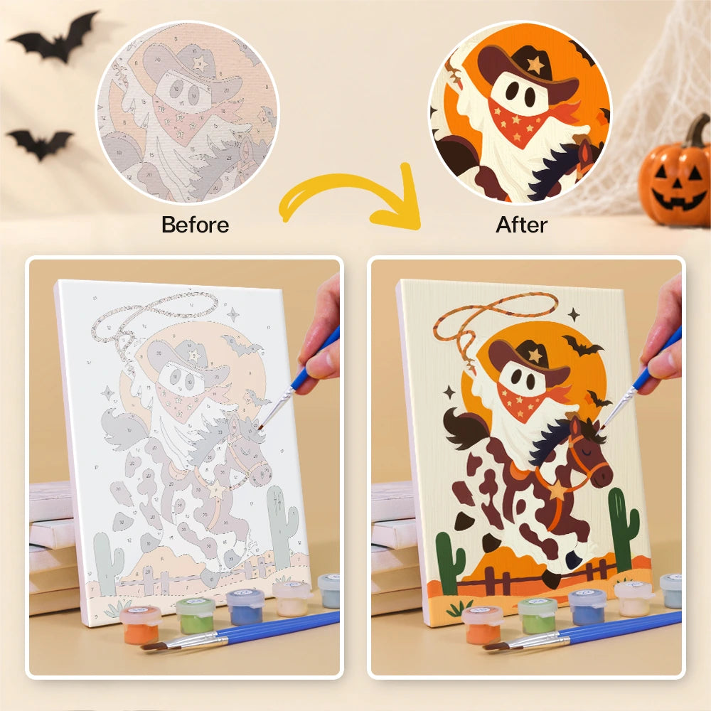 
Paint by Numbers – 6 Mini Paintings | Cowboy Ghosts and Pumpkins Set