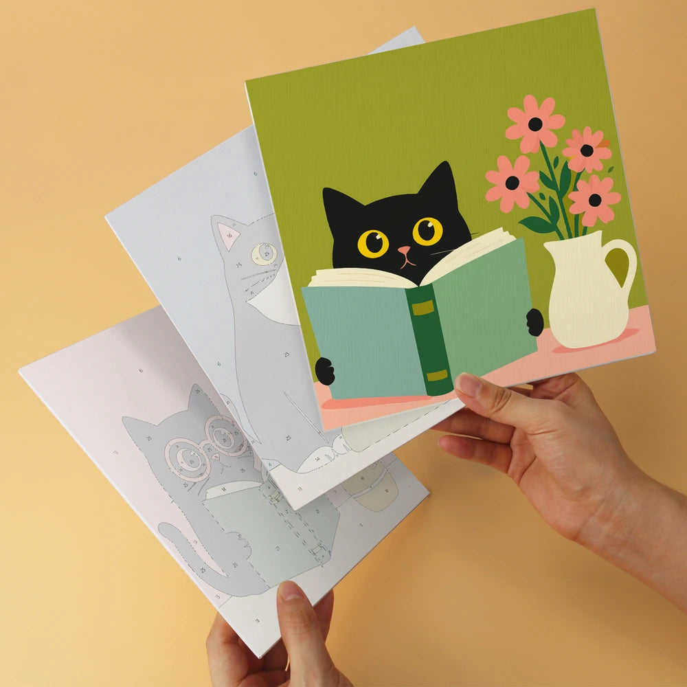 
Paint by Numbers – 6 Mini Paintings | Reading Cats with Books (Square)