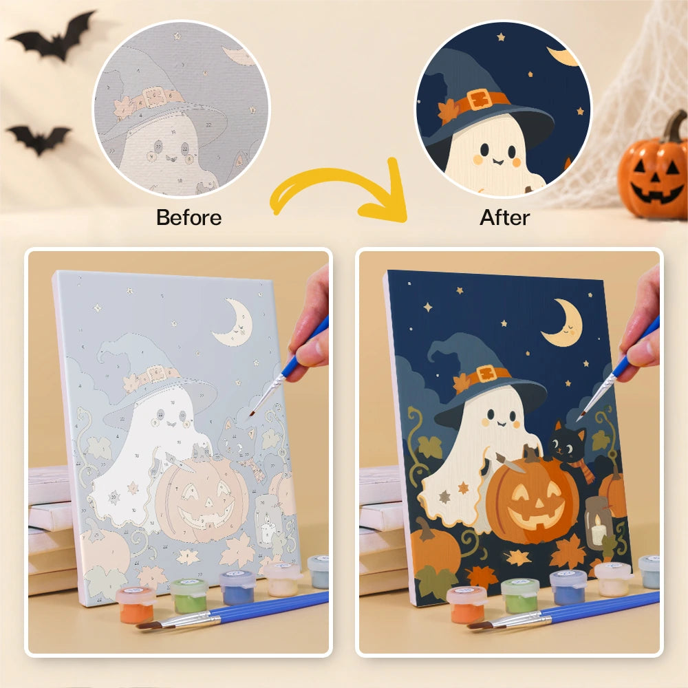 Paint by Numbers – 6 Mini Paintings | Witch Hat Ghosts at Night Set