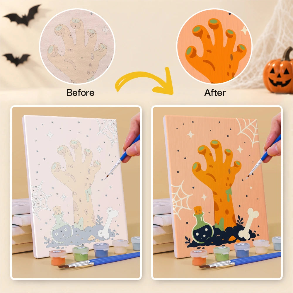 
Paint by Numbers – 6 Mini Paintings | Witch Hat Skull and Broomstick Set