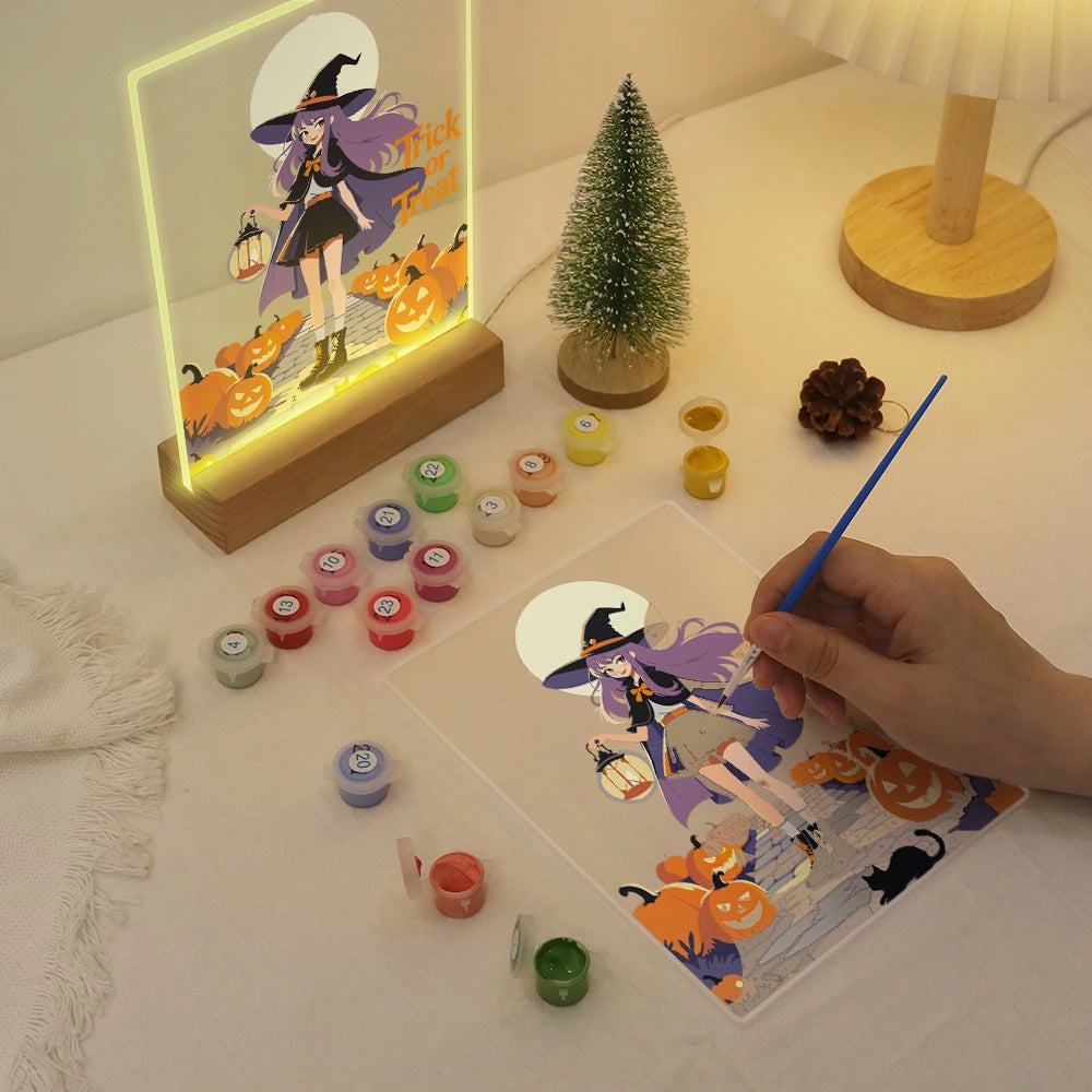 Paint by Numbers - Halloween Light | Witch with Lantern at Full Moon