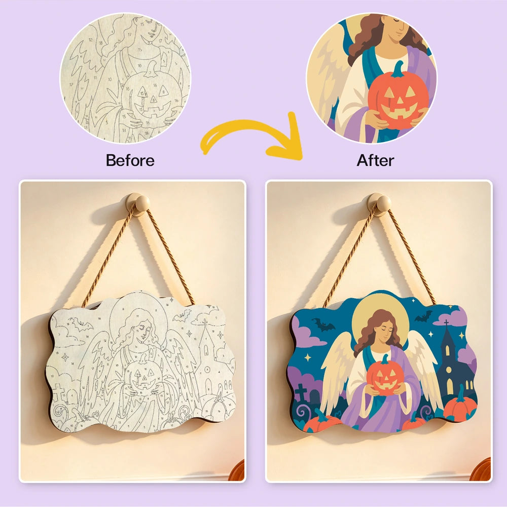 Paint by Numbers - Wooden Door Hanger | Angel with a Jack-o'-Lantern