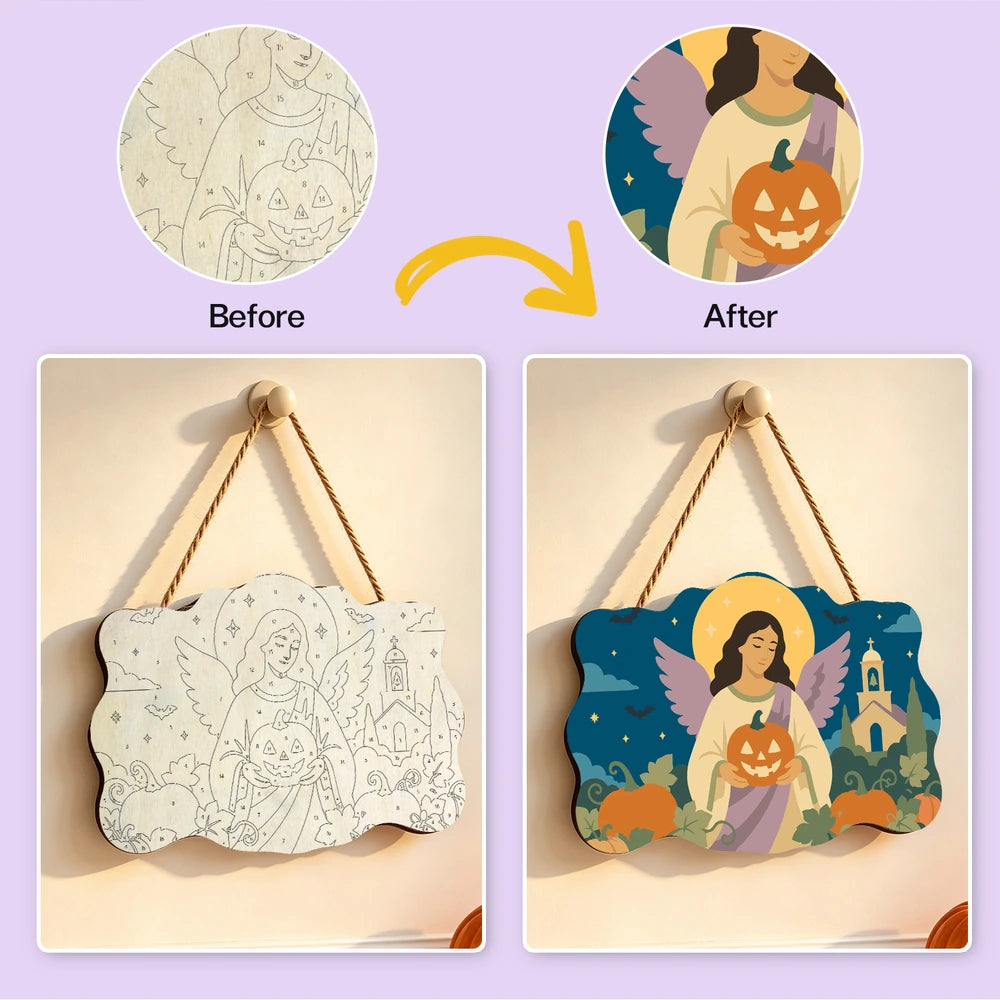 Paint by Numbers - Wooden Door Hanger | Angel with a Jack-o'-Lantern by the Church