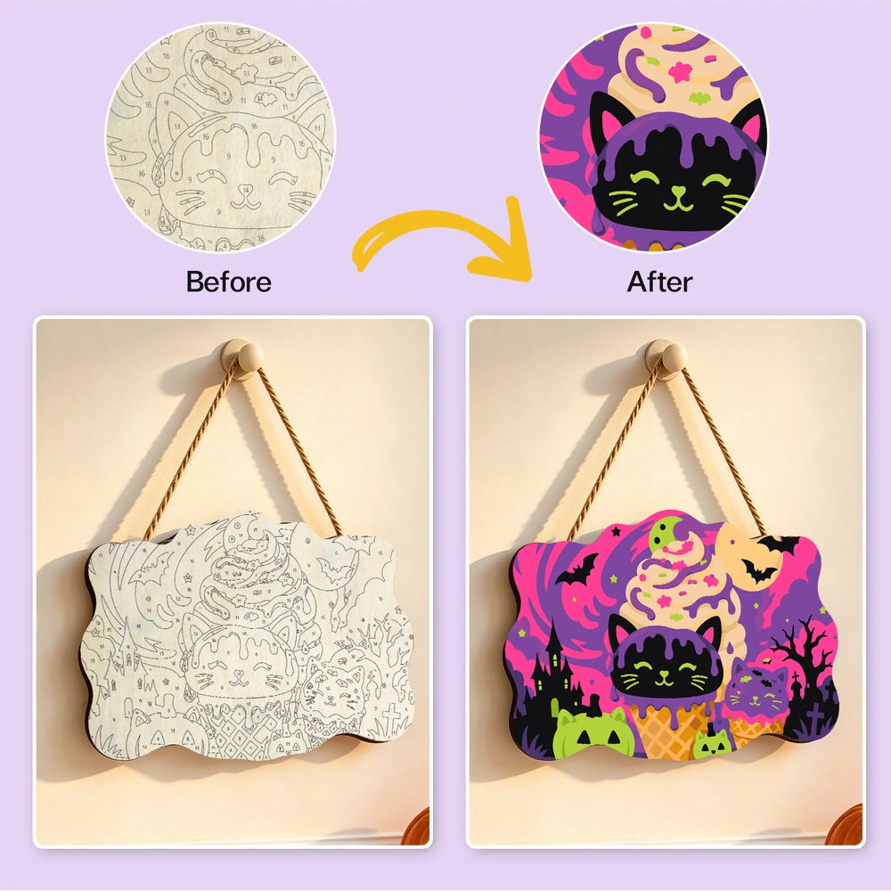 Paint by Numbers - Wooden Door Hanger | Black Cat Ice Cream Swirl