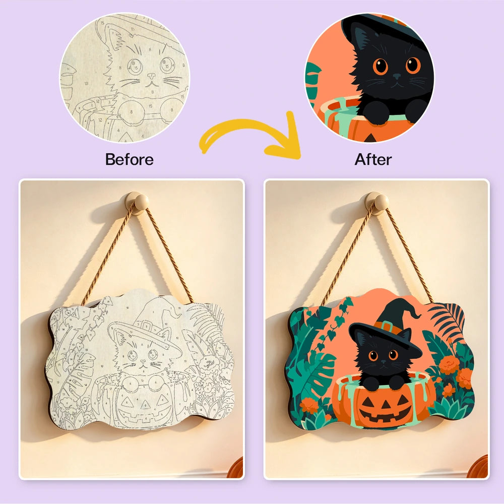 Paint by Numbers - Wooden Door Hanger | Black Cat Witch in a Pumpkin Tub
