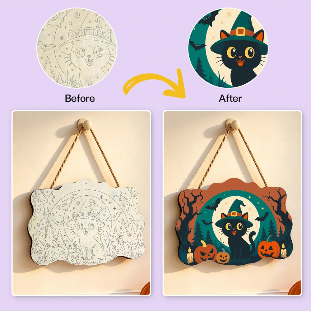 Paint by Numbers - Wooden Door Hanger | Black Cat in a Witch Hat with Pumpkins