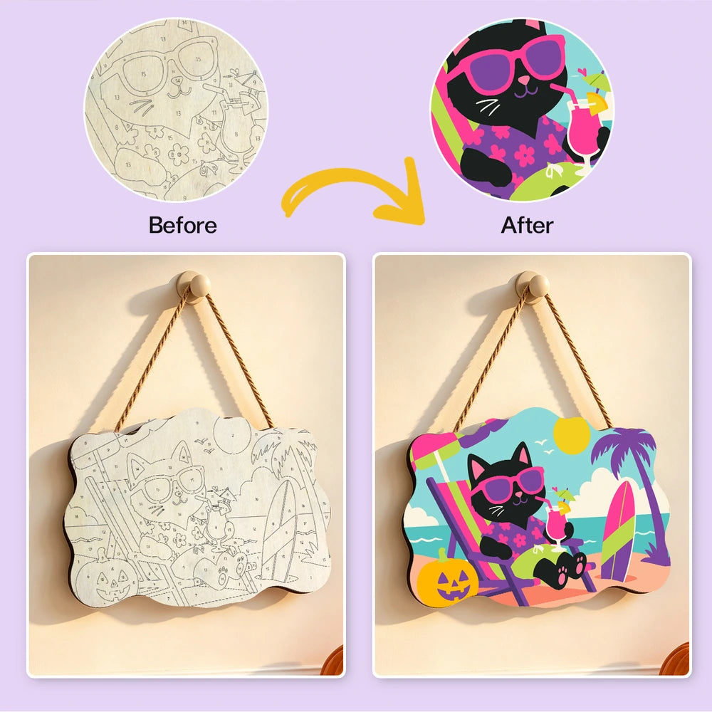 
Paint by Numbers - Wooden Door Hanger | Black Cat on Vacation