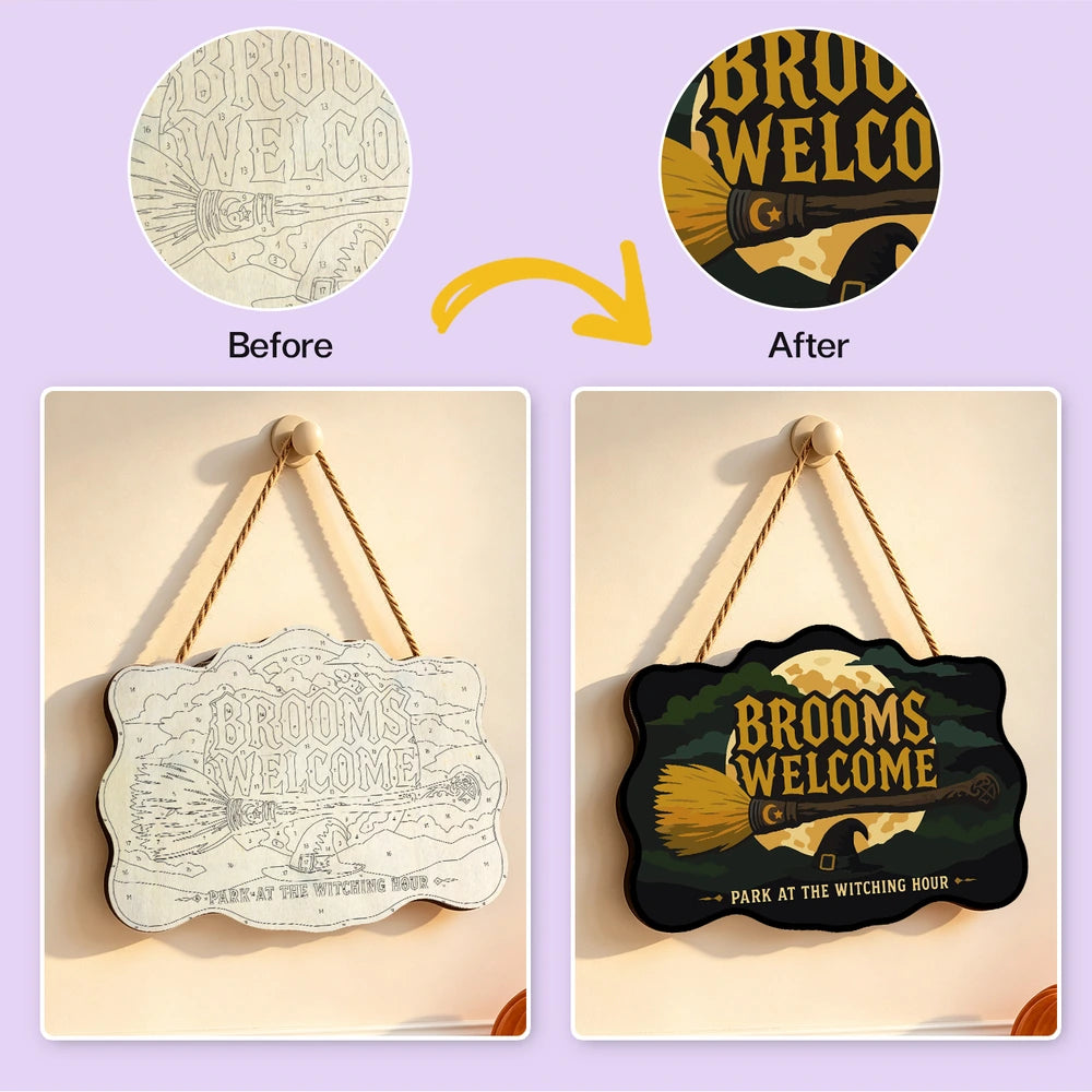 Paint by Numbers - Wooden Door Hanger | Brooms Welcome at the Witching Hour