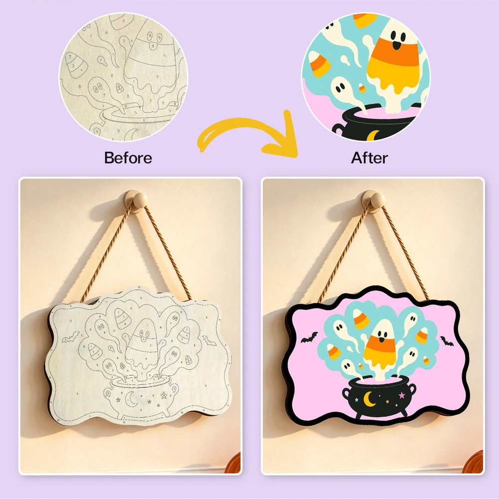 Paint by Numbers - Wooden Door Hanger | Candy Corn Ghosts in the Cauldron