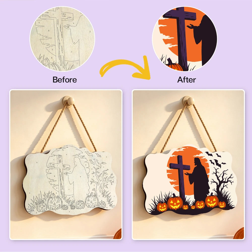 Paint by Numbers - Wooden Door Hanger | Cross at Sunset with Pumpkins