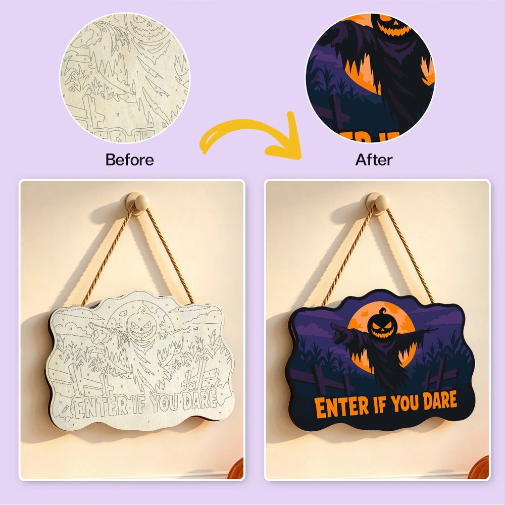 Paint by Numbers - Wooden Door Hanger | Enter If You Dare Pumpkin Scarecrow