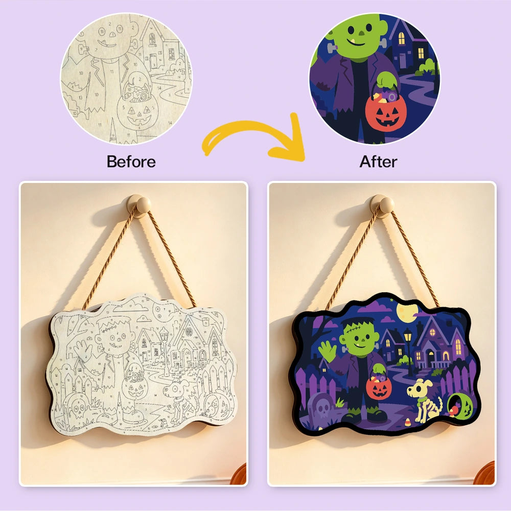 Paint by Numbers - Wooden Door Hanger | Frankenstein Trick-or-Treating