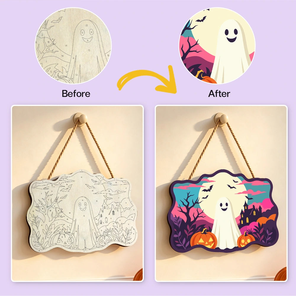 Paint by Numbers - Wooden Door Hanger | Friendly Ghost Under the Full Moon