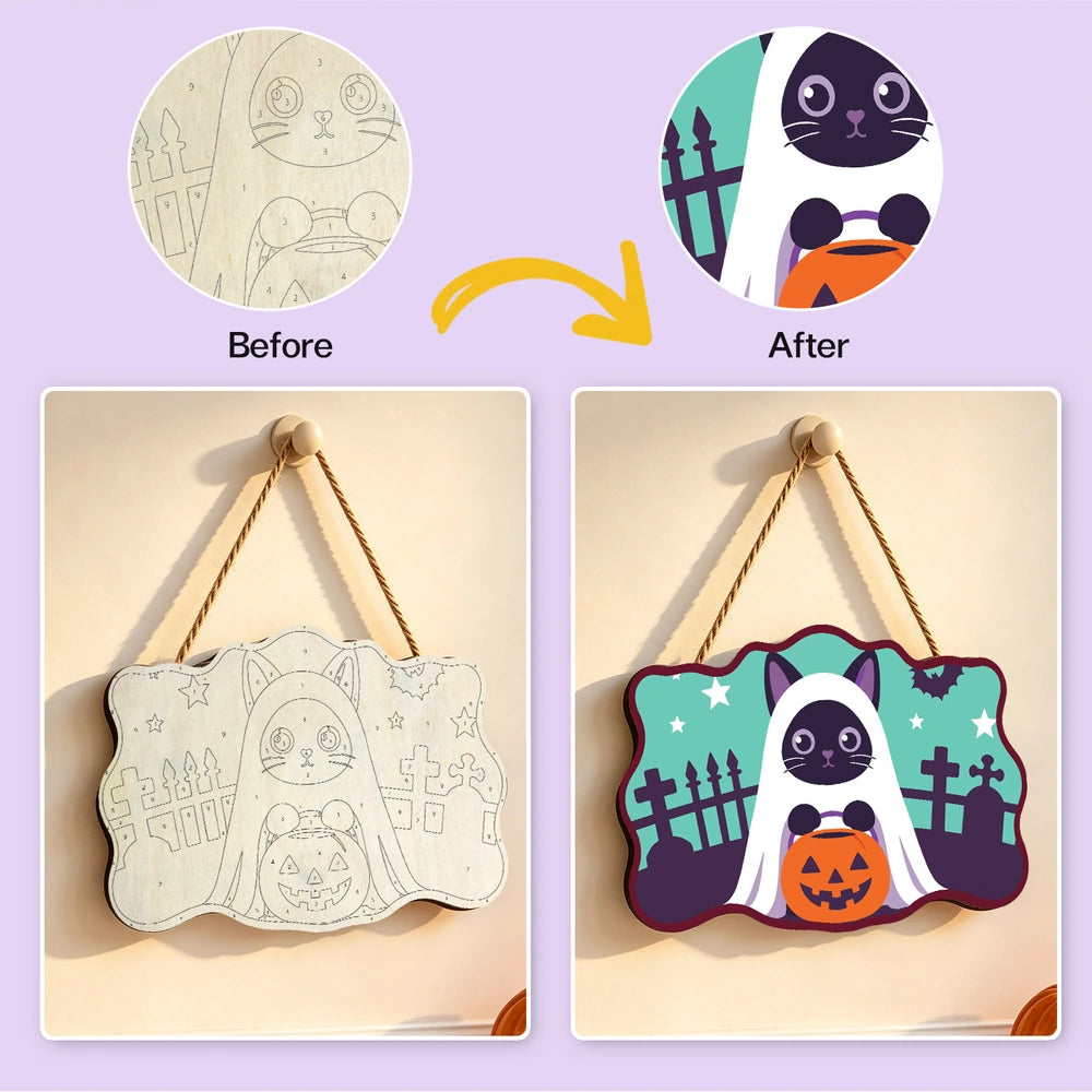 
Paint by Numbers - Wooden Door Hanger | Ghost Cat with a Pumpkin