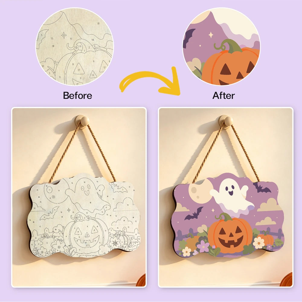 
Paint by Numbers - Wooden Door Hanger | Ghost Over a Jack-o'-Lantern at Dusk
