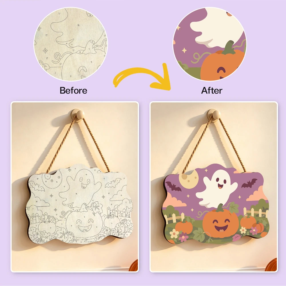 Paint by Numbers - Wooden Door Hanger | Ghost Over the Pumpkin Patch