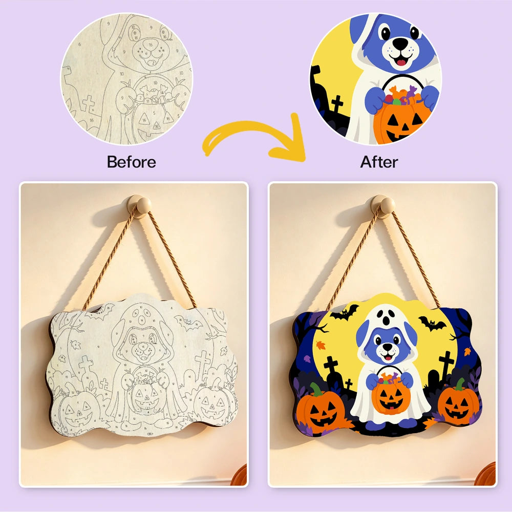 
Paint by Numbers - Wooden Door Hanger | Ghost Puppy with a Candy Bucket
