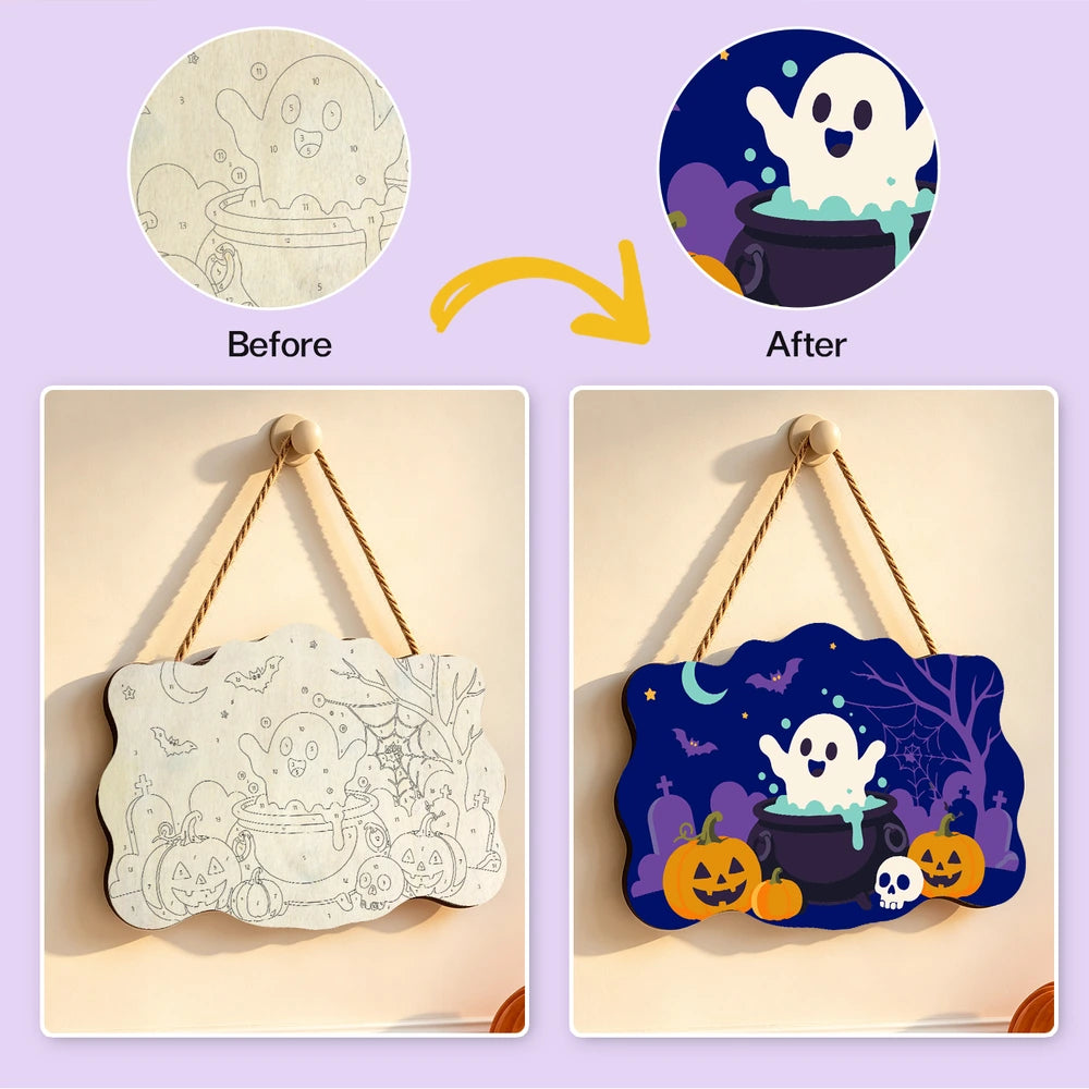 Paint by Numbers - Wooden Door Hanger | Ghost in a Cauldron in the Graveyard