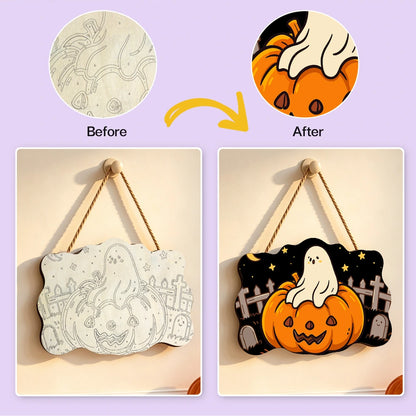 Paint by Numbers - Wooden Door Hanger | Ghost on a Jack-o'-Lantern in the Graveyard