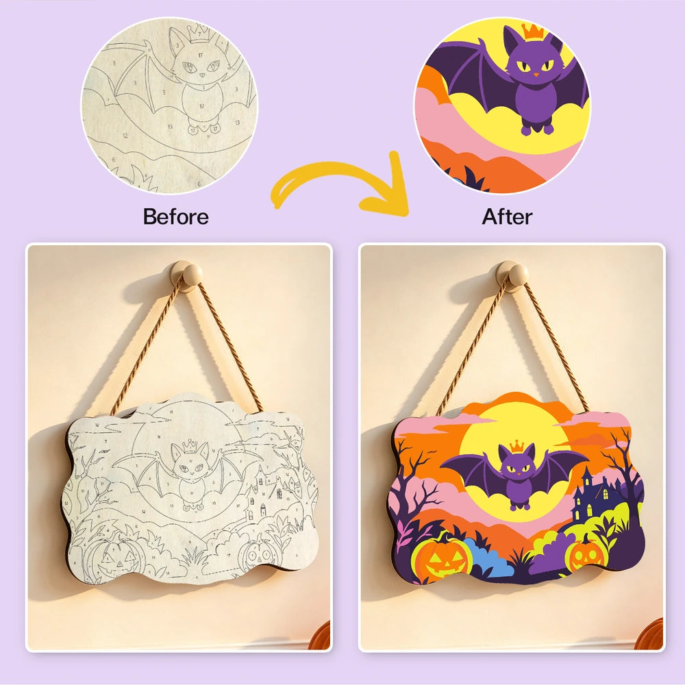 Paint by Numbers - Wooden Door Hanger | Happy Bat Over the Pumpkin Patch