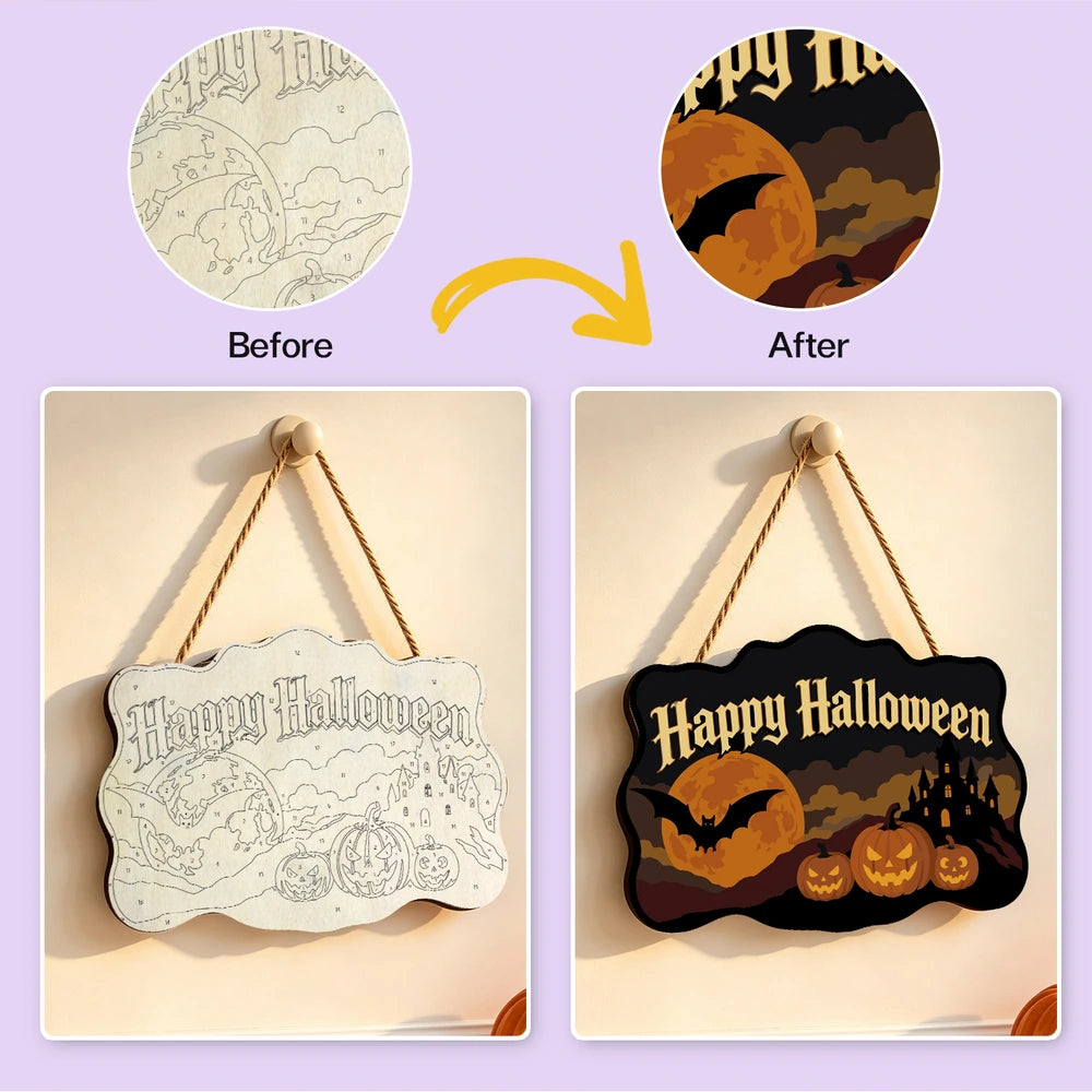 Paint by Numbers - Wooden Door Hanger | Happy Halloween Bat and Pumpkins