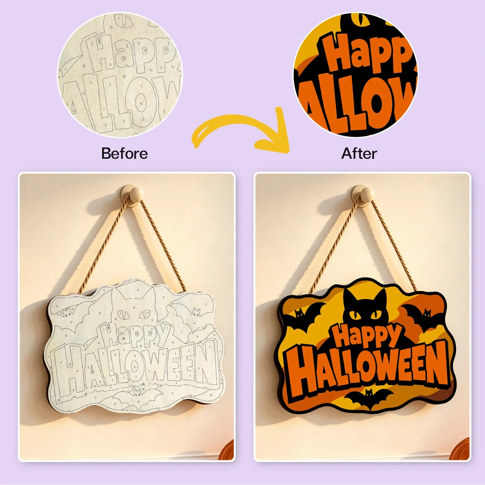 Paint by Numbers - Wooden Door Hanger | Happy Halloween Black Cat and Bats