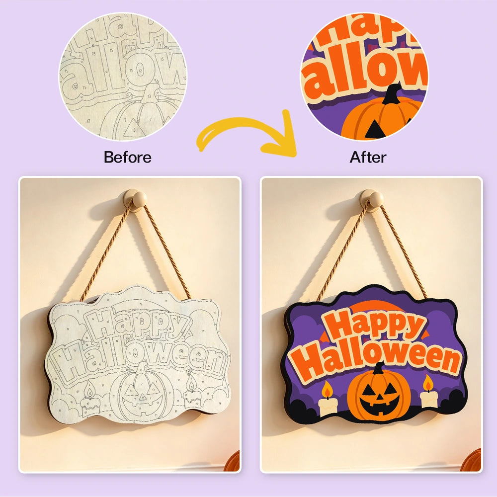 Paint by Numbers - Wooden Door Hanger | Happy Halloween Candlelit Pumpkin