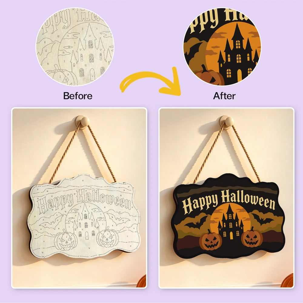 Paint by Numbers - Wooden Door Hanger | Happy Halloween Castle and Pumpkins