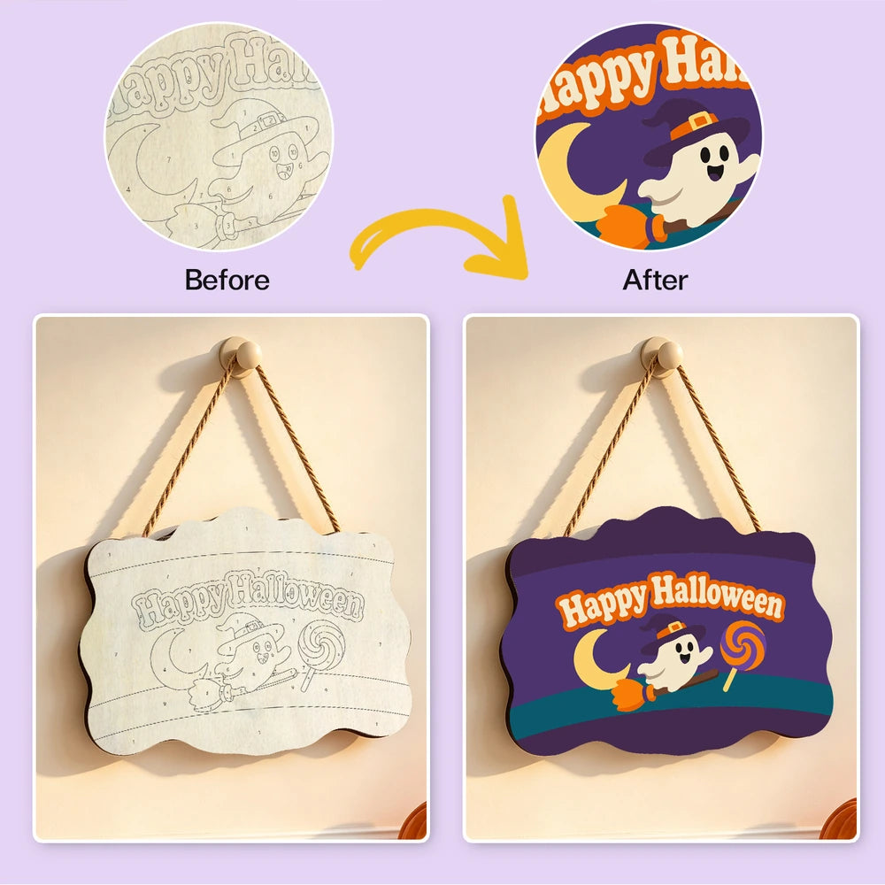 Paint by Numbers - Wooden Door Hanger | Happy Halloween Ghost with a Lollipop