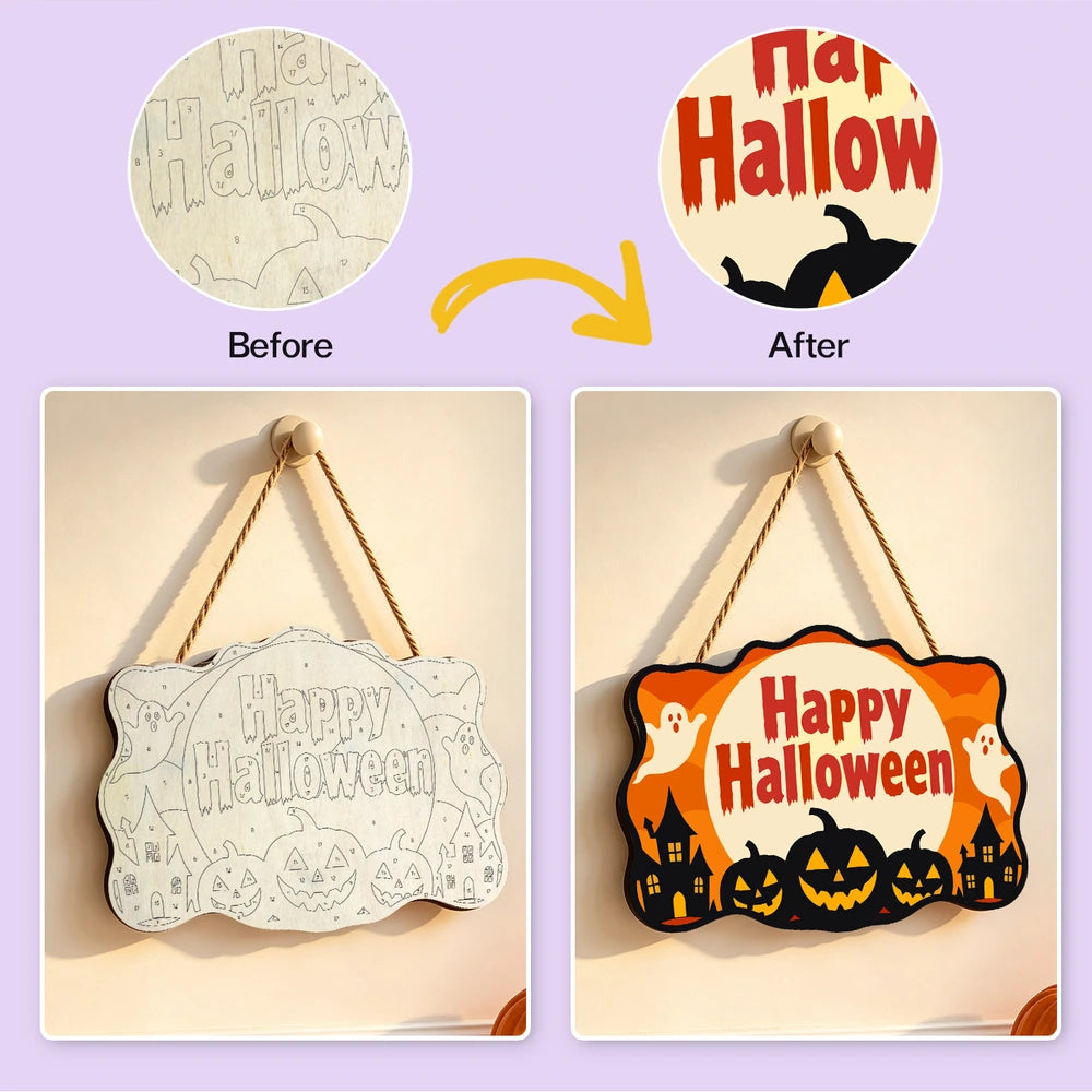 
Paint by Numbers - Wooden Door Hanger | Happy Halloween Ghosts Over the Town
