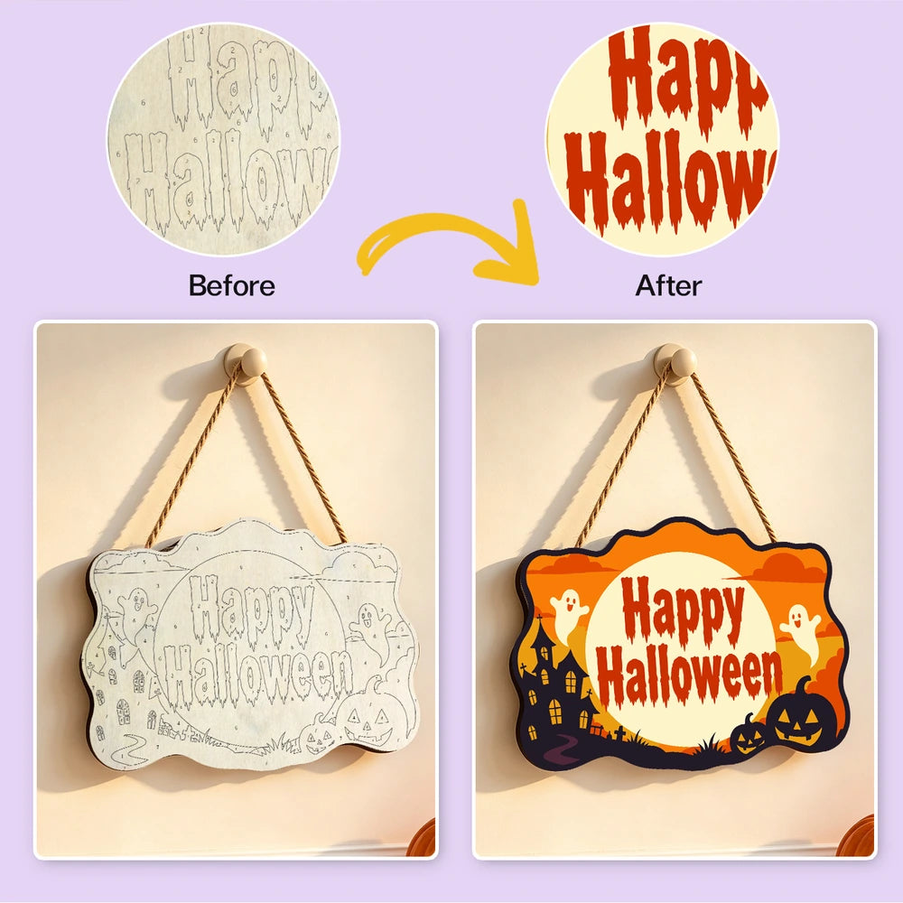 Paint by Numbers - Wooden Door Hanger | Happy Halloween Ghosts in the Moon