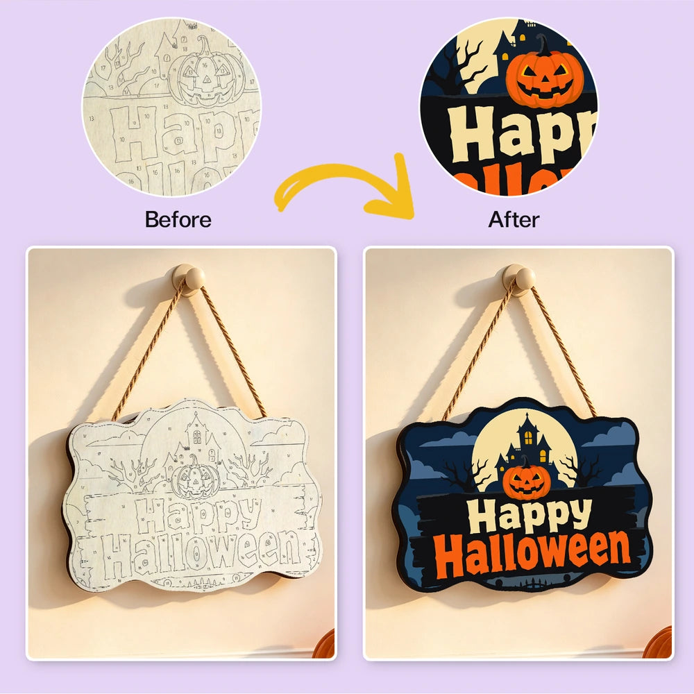 Paint by Numbers - Wooden Door Hanger | Happy Halloween Haunted House Sign