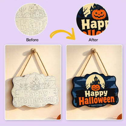 Paint by Numbers - Wooden Door Hanger | Happy Halloween Haunted House Sign