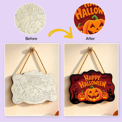 Paint by Numbers - Wooden Door Hanger | Happy Halloween Pumpkin Trio at Night