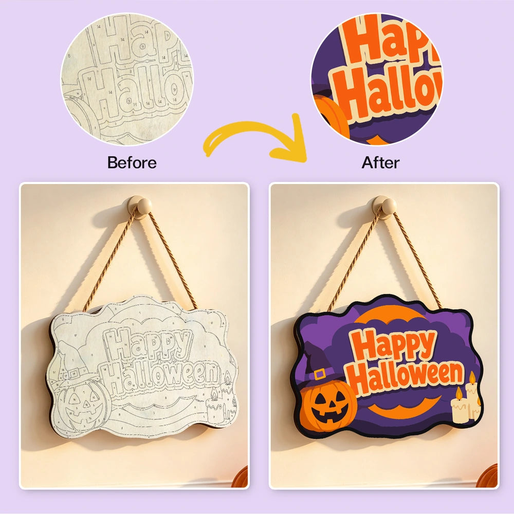 Paint by Numbers - Wooden Door Hanger | Happy Halloween Pumpkin and Candles