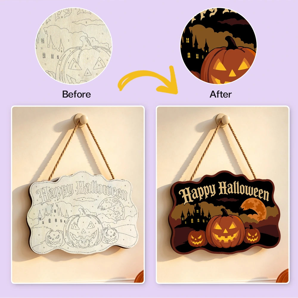 Paint by Numbers - Wooden Door Hanger | Happy Halloween Pumpkins and Castle