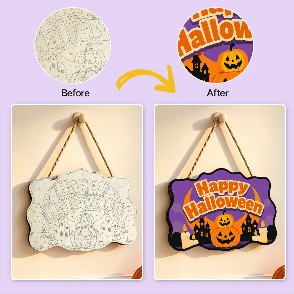 Paint by Numbers - Wooden Door Hanger | Happy Halloween Pumpkins and Haunted Houses