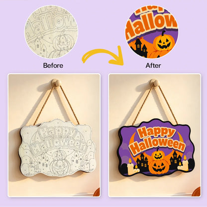 Paint by Numbers - Wooden Door Hanger | Happy Halloween Pumpkins and Haunted Houses