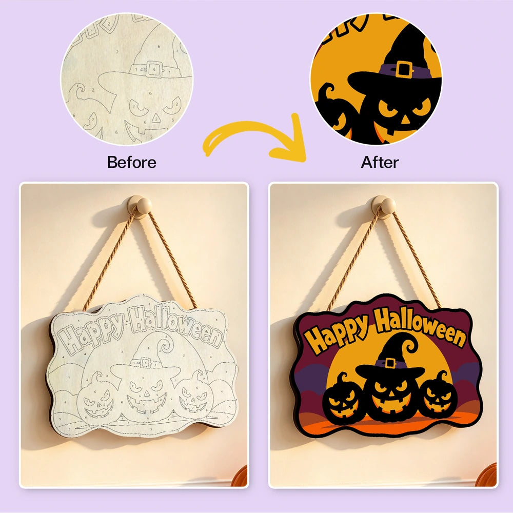 Paint by Numbers - Wooden Door Hanger | Happy Halloween Pumpkins in a Witch Hat