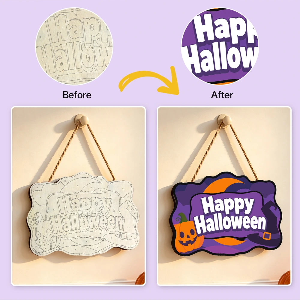 Paint by Numbers - Wooden Door Hanger | Happy Halloween Purple Pumpkin