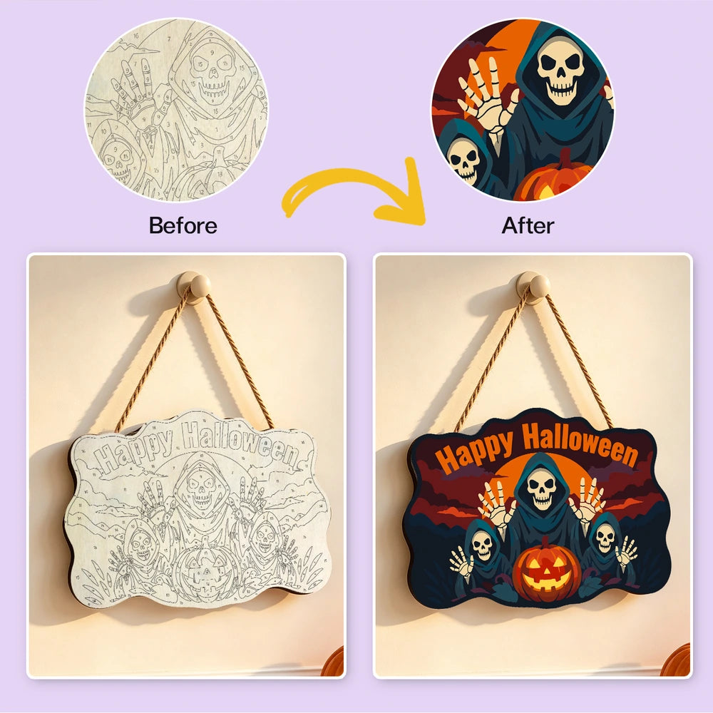 Paint by Numbers - Wooden Door Hanger | Happy Halloween Reaper Trio