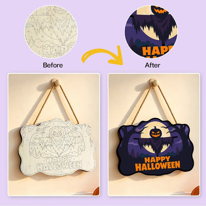 Paint by Numbers - Wooden Door Hanger | Happy Halloween Scarecrow Silhouette