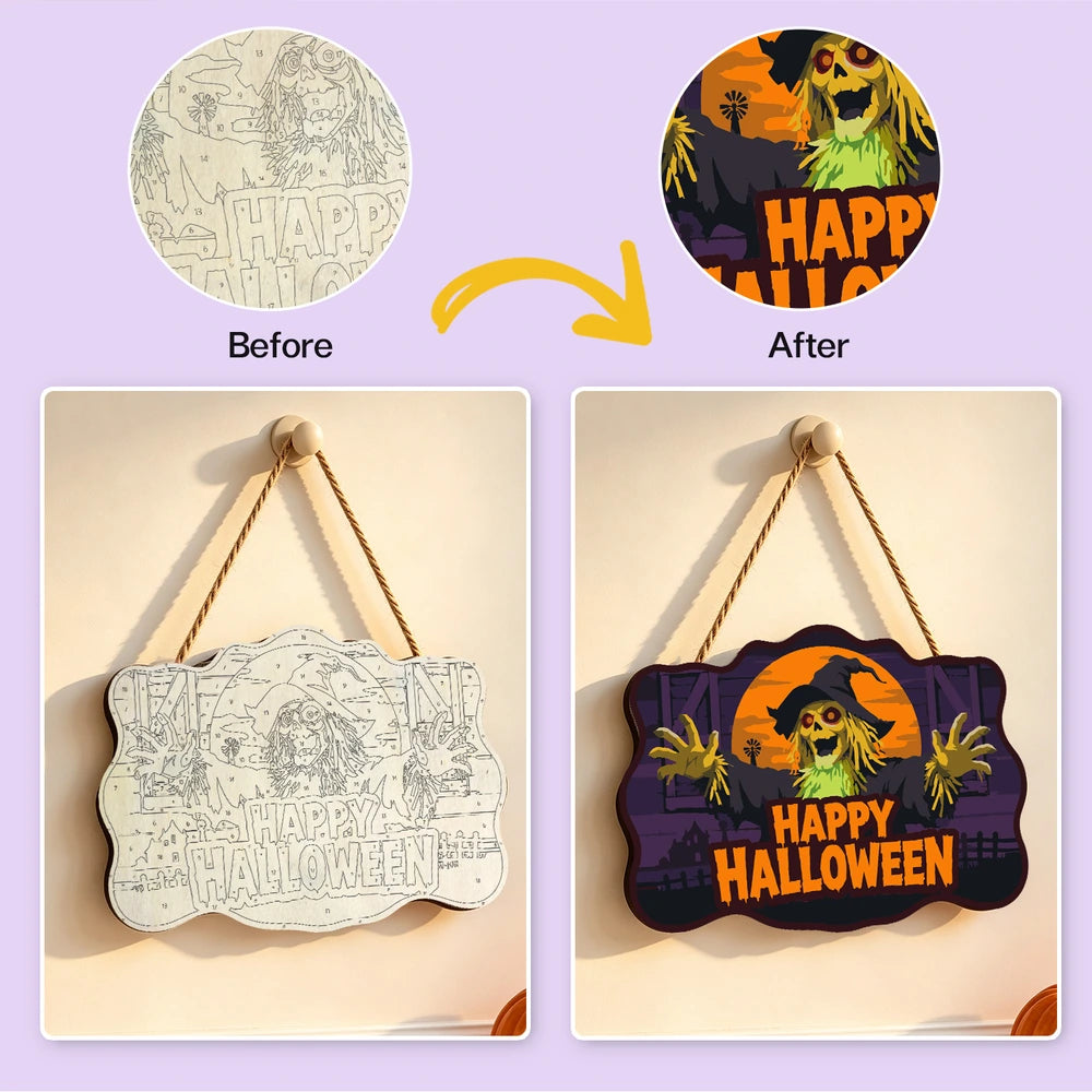 Paint by Numbers - Wooden Door Hanger | Happy Halloween Scarecrow at Night