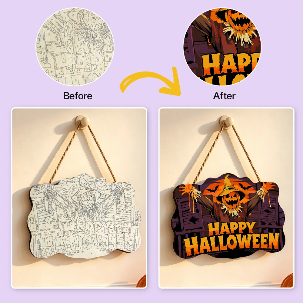 Paint by Numbers - Wooden Door Hanger | Happy Halloween Scarecrow at the Window