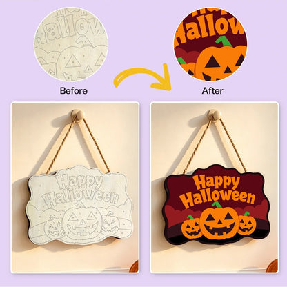Paint by Numbers - Wooden Door Hanger | Happy Halloween Three Pumpkins