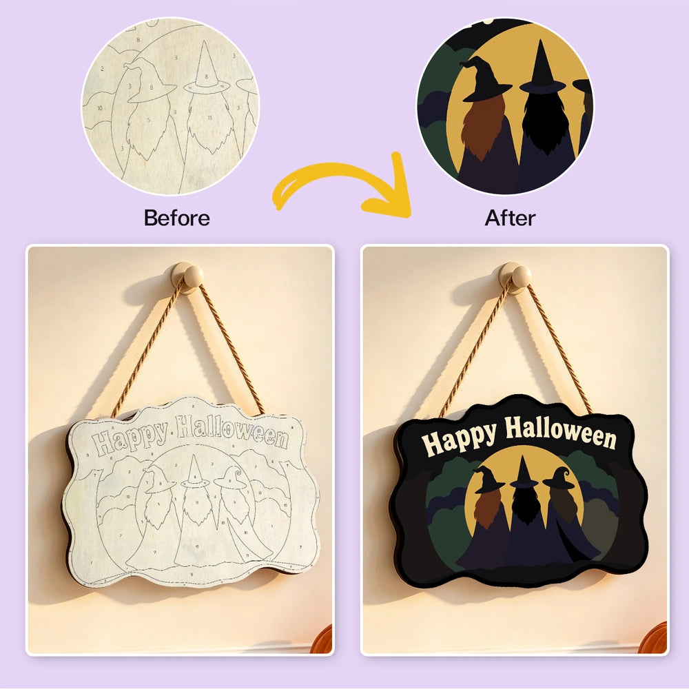 Paint by Numbers - Wooden Door Hanger | Happy Halloween Three Witches
