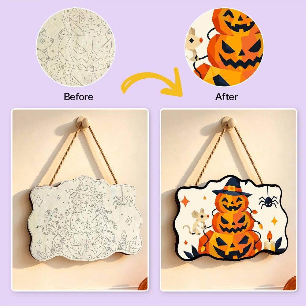 Paint by Numbers - Wooden Door Hanger | Jack-o'-Lantern Tower with a Mouse